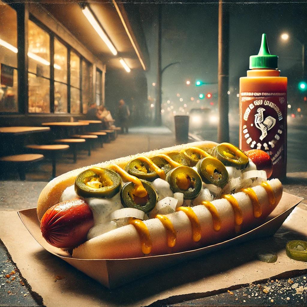 The Seattle hot dog topped with cream cheese, grilled onions, and jalapeños, served in a toasted bun on a paper tray at a street food stand.